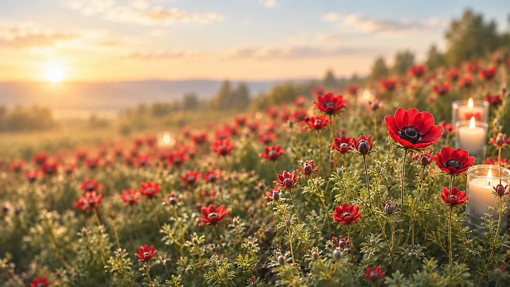 A field of red anemones and memorial candles at first light
